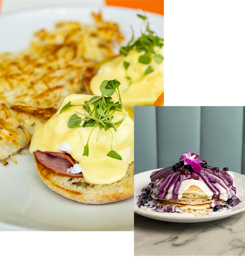 Pancakes and Eggs Benedict brunch dishes by Vincenzo restaurant San Diego